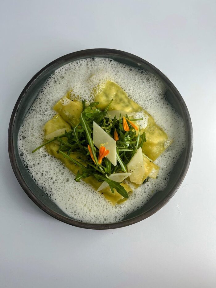 Ricotta and rocket cannelloni with sage brown butter and parmesan emulsion