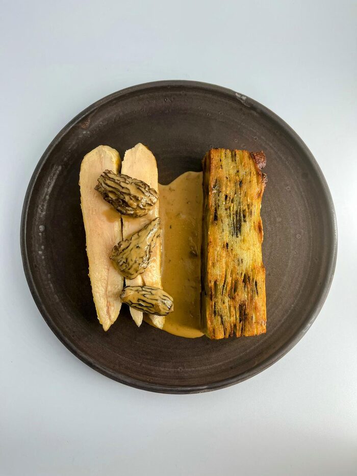 Chicken supreme with morel sauce and truffled potato millefeuille