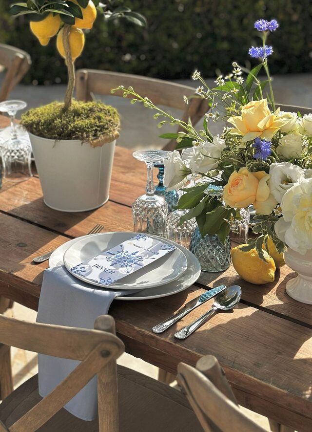 Mediterranean table setting, linen, glassware and silver
