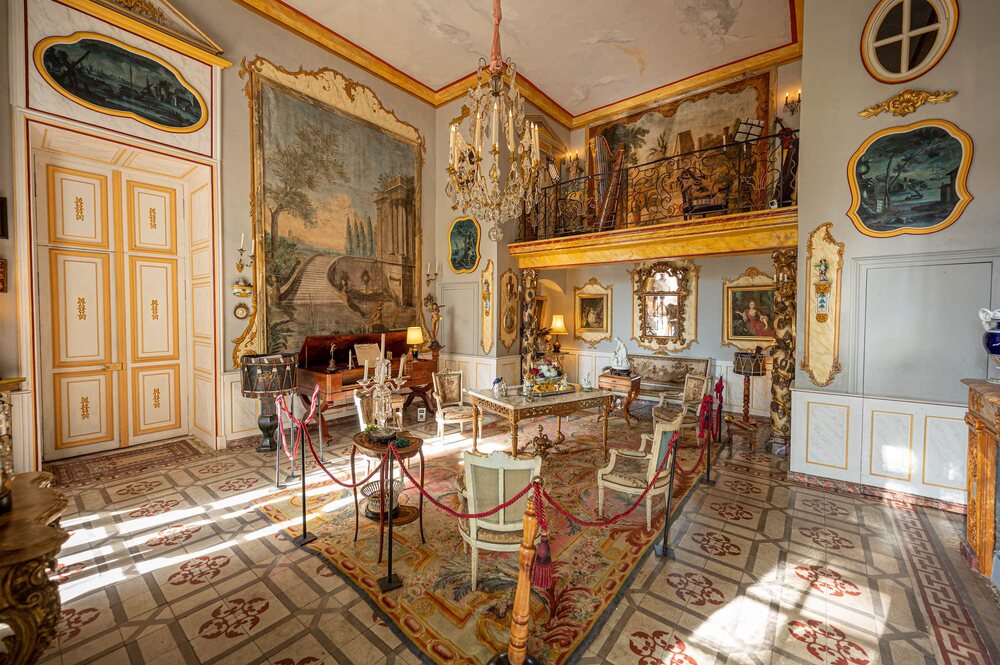 A salon of the Chateau de Sauvan, its painted panelling, chandelier and period furniture